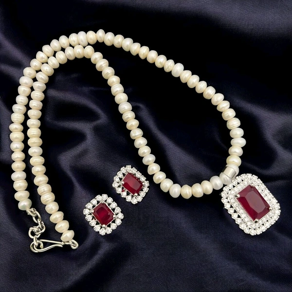 Silver Plated Pearl Necklace Set - PN212 - 18 Inches, White, Red