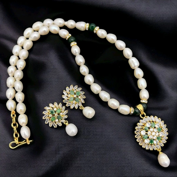 Gold Plated Pearl Necklace Set - PN213 - 18 Inches, White, Green