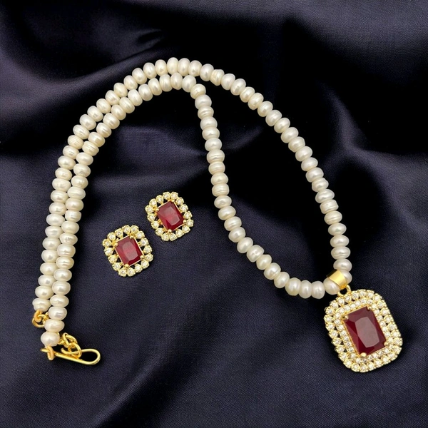 Gold Plated Pearl Necklace Set - PN215 - 18 Inches, White, Red