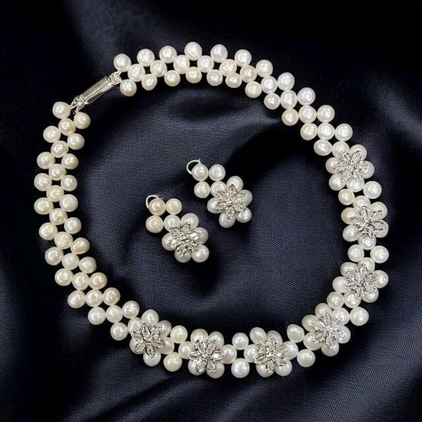 Button Pearl Necklace - PN322 - Silver, 18 Inches, 4-5 MM