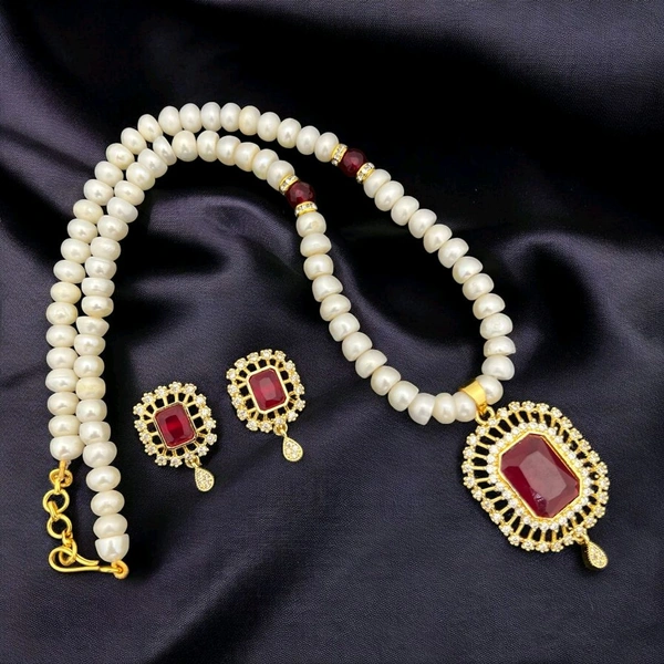 Half Round Pearl Necklace - PN325 - Red, 18 Inches, White