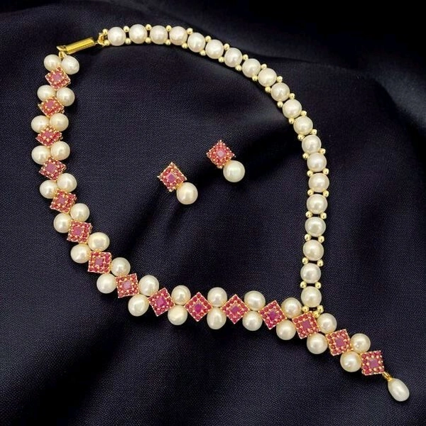1 Layer Button Pearl Necklace - PN334 - Red, 18 Inches, 5-6 MM