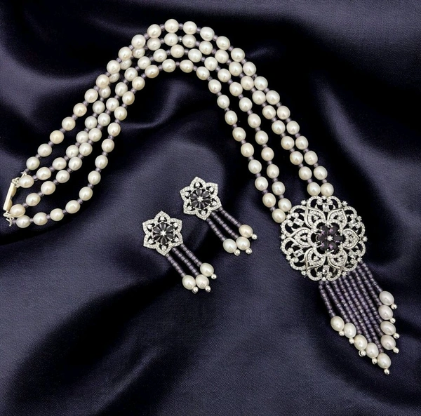 2 Layer Oval Pearl Necklace - PN1129 - 20 Inches, Blue, 4-5 MM