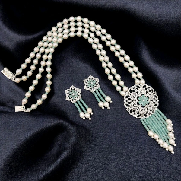 2 Layer Oval Pearl Necklace - PN1129 - 20 Inches, Mint Green, 4-5 MM