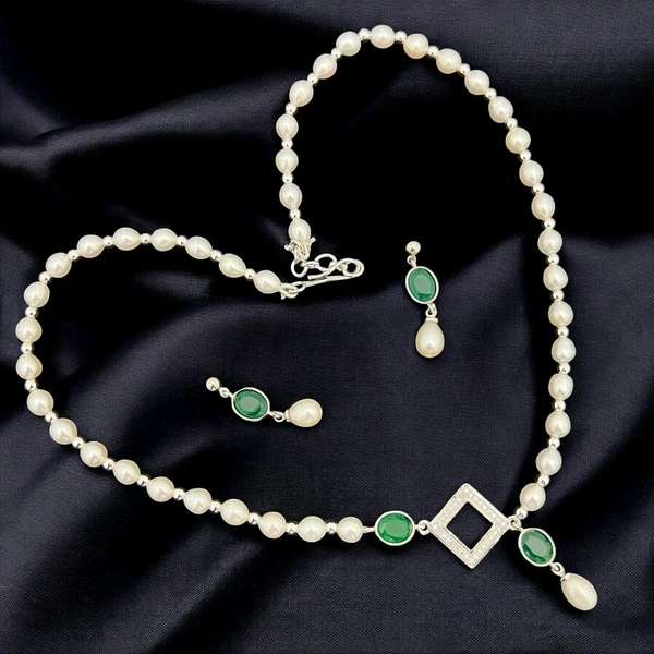 Silver Plated Pearl Necklace Set - PN217 - 18 Inches, White, Green