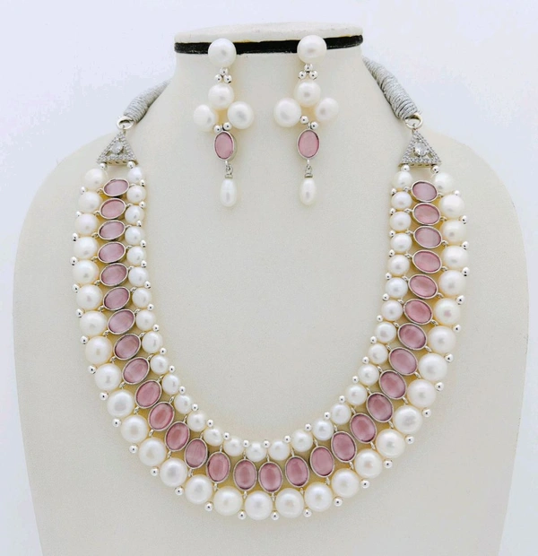 Button Pearl Necklace Whit Stone - PN312 - 18 Inches, 5-6 MM, Pink