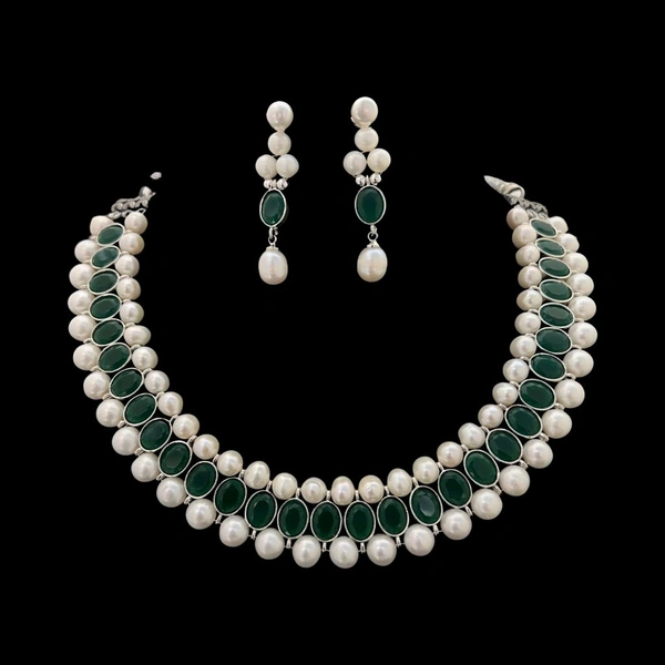 Round Pearl Necklace With Stone - PN111 - Green, Adjustable, White