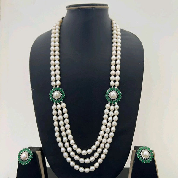 Side Broach Necklace - PN712 - Green, 18-20 Inch, White