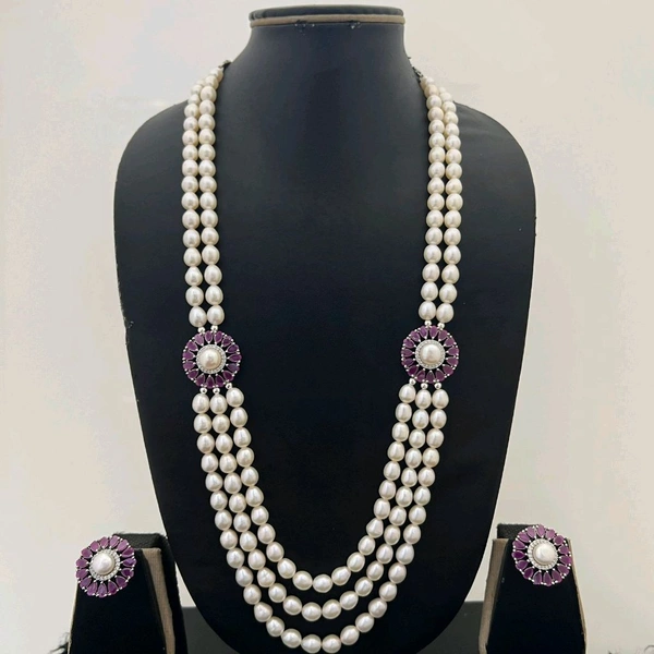 Side Broach Necklace - PN712 - Pink Lace, 18-20 Inch, White