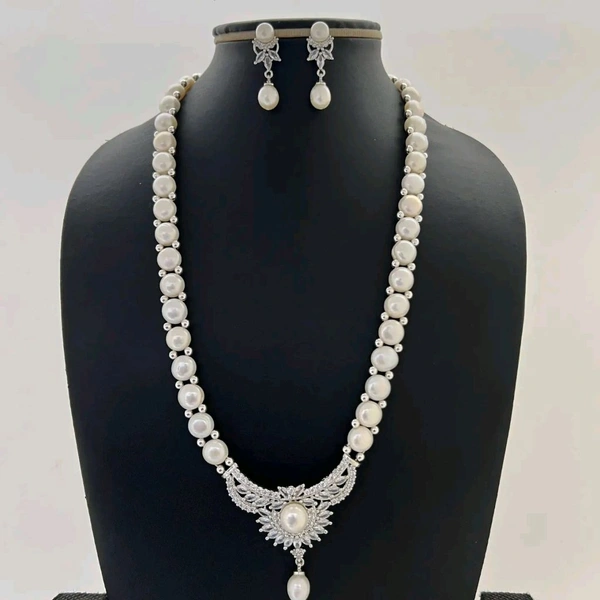 1 Layer Button Pearl Necklace Set - PN196 - 18 Inches, Silver, 6 MM