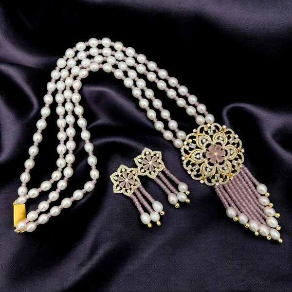 2 Layer Oval Pearl Necklace - PN1130 - Adjustable, White, Lavender Rose