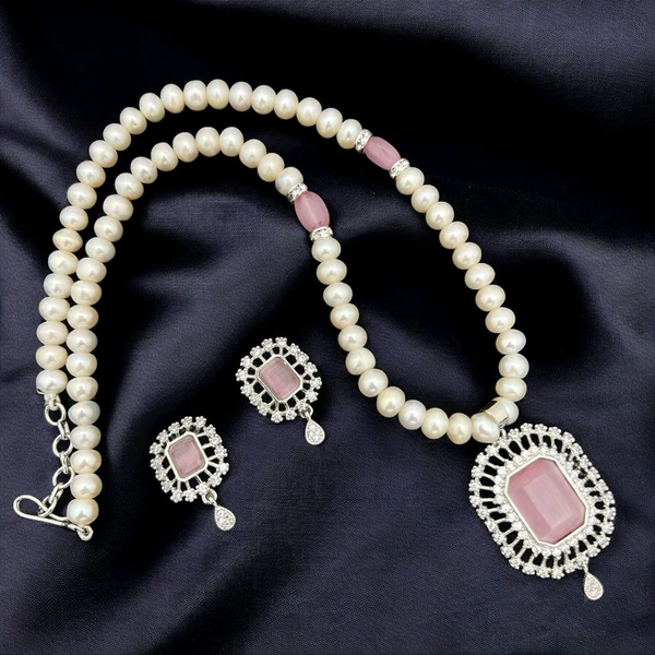 Half Round Pearl Necklace - PN326 - Blush Pink, 18 Inches, White
