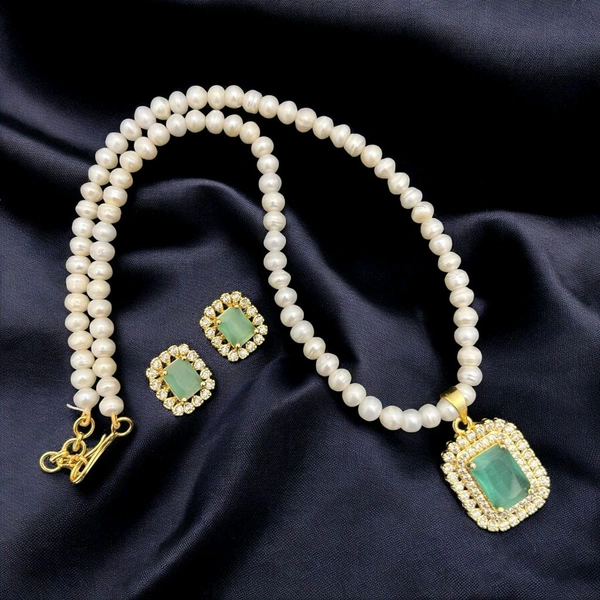 Gold Plated Pearl Necklace Set - PN215 - 18 Inches, White, Mint Green