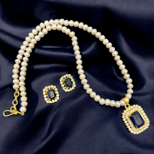 Gold Plated Pearl Necklace Set - PN215 - 18 Inches, White, Blue