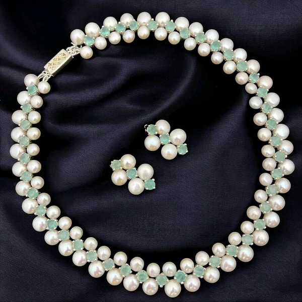 Button Pearl Necklace - PN320 - Mint Green, 18 Inches, White