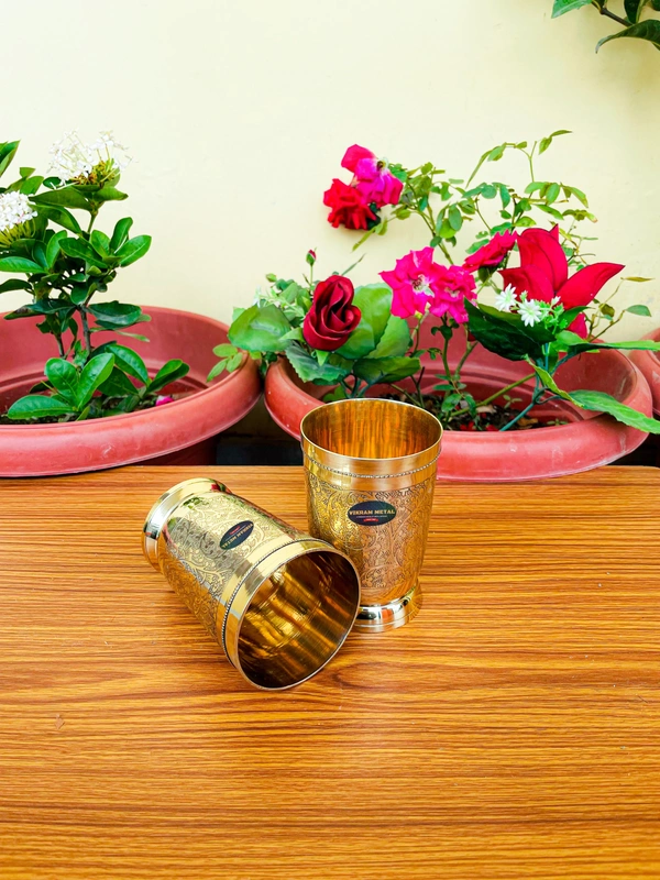 VIKRAM METAL Brass Glass Tumbler with Embossed Design SET OF 2 - 4.2 INCH, GOLDEN, 400 ML