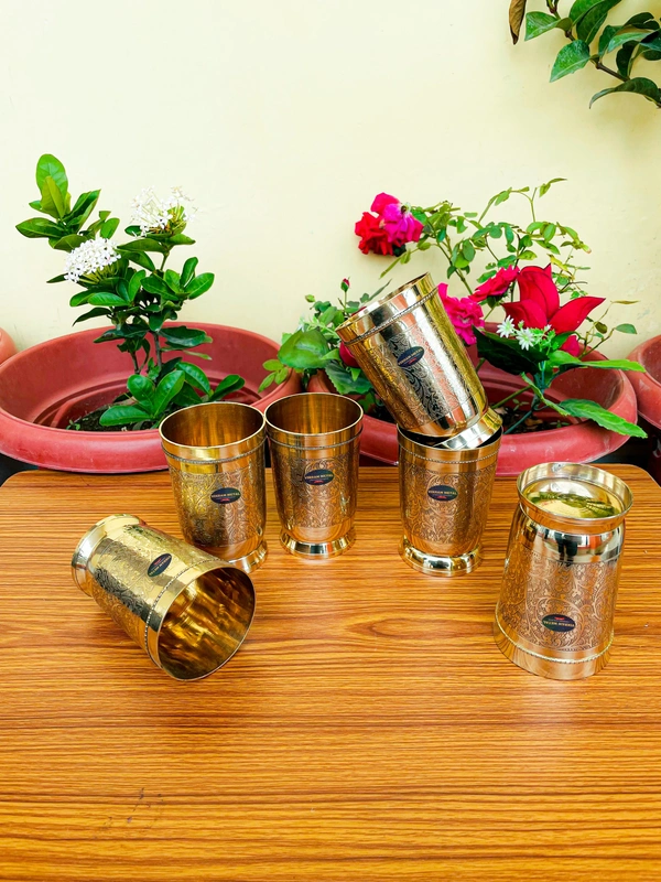 VIKRAM METAL Brass Glass Tumbler with Embossed Design SET OF 6 - 4.2 INCH, GOLDEN, 400 ML