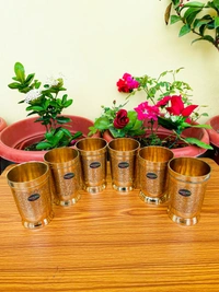 VIKRAM METAL Brass Glass Tumbler with Embossed Design SET OF 6 - 4.2 INCH, GOLDEN, 400 ML