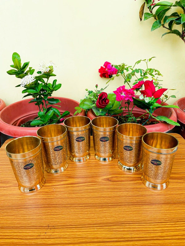VIKRAM METAL Brass Glass Tumbler with Embossed Design SET OF 6 - 4.2 INCH, GOLDEN, 400 ML