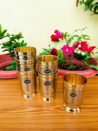 VIKRAM METAL Brass Glass Tumbler with Embossed Design SET OF 6 - 4.2 INCH, GOLDEN, 400 ML