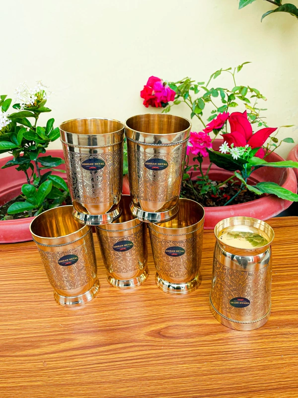 VIKRAM METAL Brass Glass Tumbler with Embossed Design SET OF 6 - 4.2 INCH, GOLDEN, 400 ML