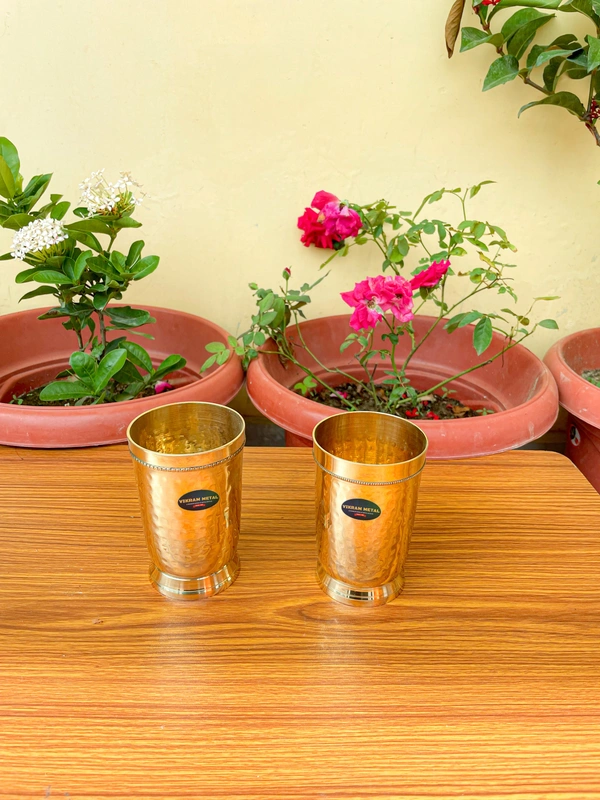 VIKRAM METAL Brass Glass Tumbler with Hammered Beeded Design set of 2 - 4.2 ML, GOLDEN, 400 ML