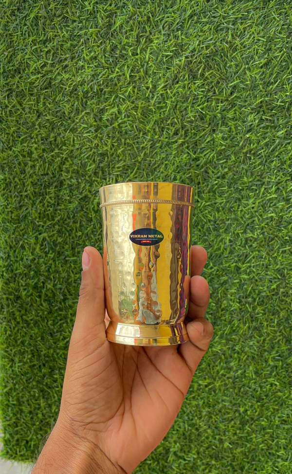 VIKRAM METAL Brass Glass Tumbler with Hammered Beeded Design set of 2 - 4.2 ML, GOLDEN, 400 ML