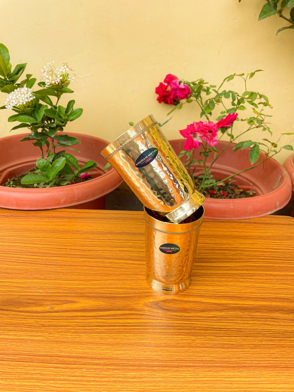 VIKRAM METAL Brass Glass Tumbler with Hammered Beeded Design set of 2 - 4.2 ML, GOLDEN, 400 ML