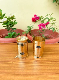 VIKRAM METAL Brass Glass Tumbler with Hammered Beeded Design set of 2 - 4.2 ML, GOLDEN, 400 ML