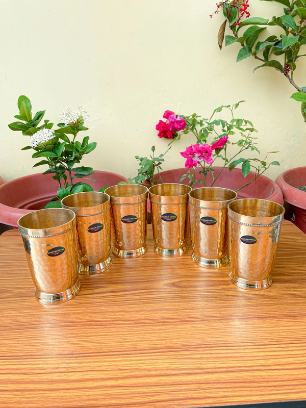 VIKRAM METAL Brass Glass Tumbler with Hammered Beeded Design SET OF 6 - 4.2 INCH, GOLDEN, 400 ml