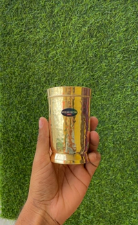 VIKRAM METAL Brass Glass Tumbler with Hammered Beeded Design SET OF 6 - 4.2 INCH, GOLDEN, 400 ml