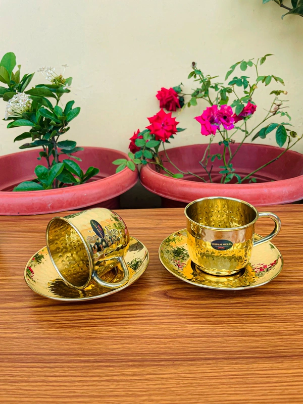 VIKRAM METAL Brass Hammered Design Cup lid set - 2.3" Inch, GOLDEN, 150 ML