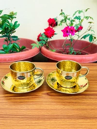 VIKRAM METAL Brass Hammered Design Cup lid set - 2.3" Inch, GOLDEN, 150 ML