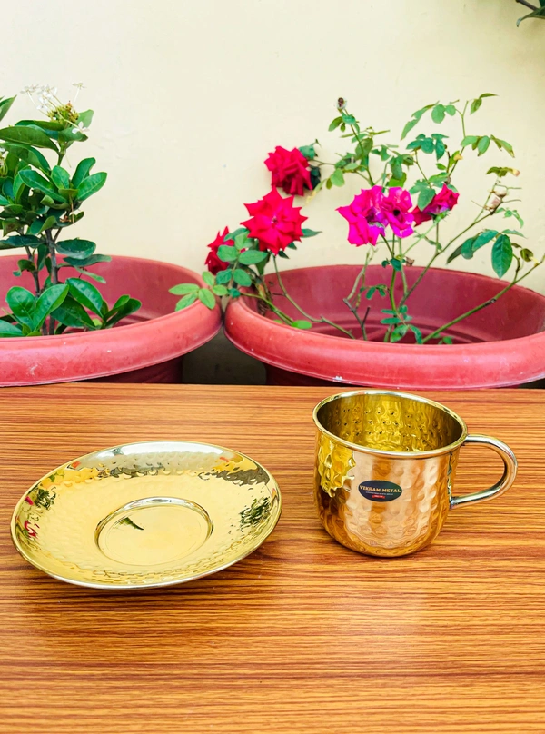 VIKRAM METAL Brass Hammered Design Cup lid set - 2.3" Inch, GOLDEN, 150 ML