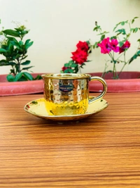 VIKRAM METAL Brass Hammered Design Cup lid set - 2.3" Inch, GOLDEN, 150 ML