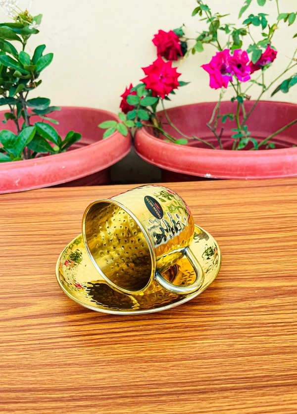 VIKRAM METAL Brass Hammered Design Cup lid set - 2.3" Inch, GOLDEN, 150 ML
