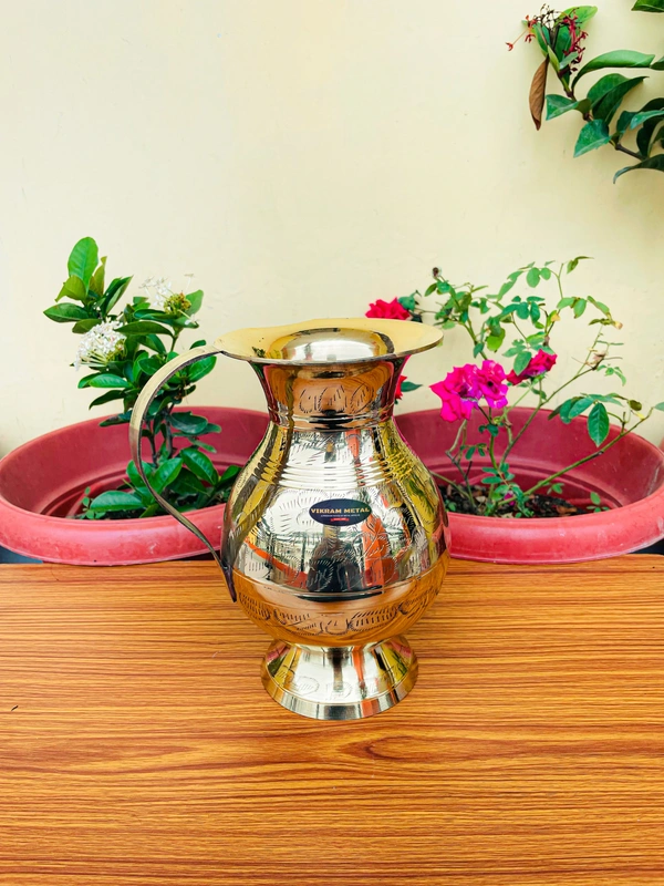 VIKRAM METAL Brass Embossed Engraved Design jug - 8.5 INCH, GOLDEN, 1500 ML