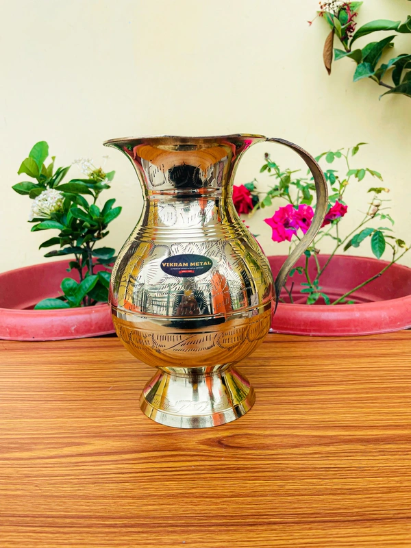 VIKRAM METAL Brass Embossed Engraved Design jug - 8.5 INCH, GOLDEN, 1500 ML
