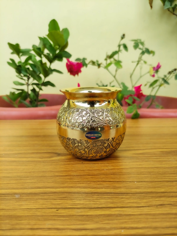 VIKRAM METAL Brass Embossed Lota - 3.4 INCH, GOLDEN, 350 ML