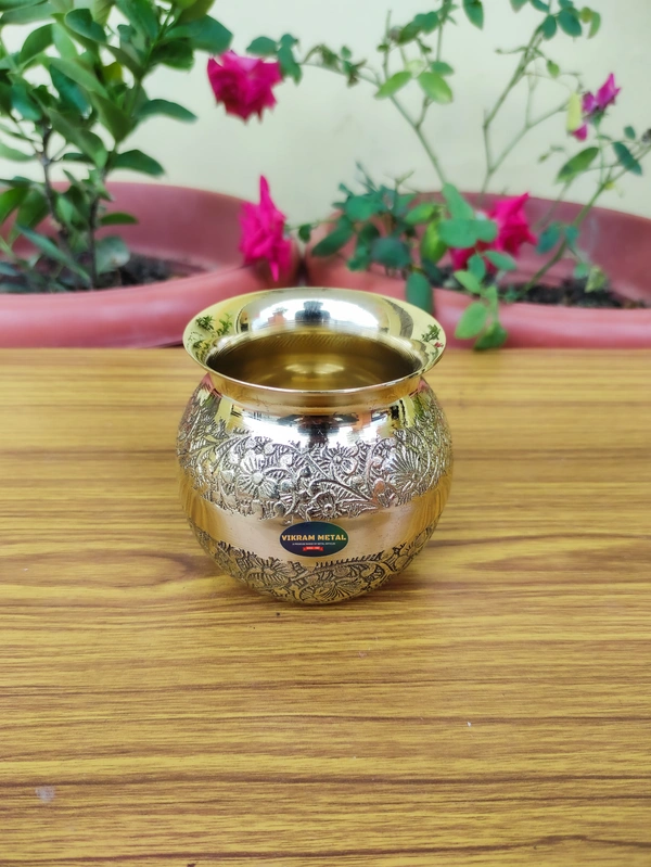 VIKRAM METAL Brass Embossed Lota - 3.4 INCH, GOLDEN, 350 ML