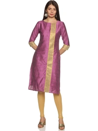 Cotton Silky Slub Jacquard & Rhinestone Work Pink Kurti - Fuchsia Pink, L
