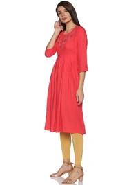 Rayon Neck Flower Design Rhinestone Work Pink Colour Umbrella Cut Kurti - Wild Watermelon, S