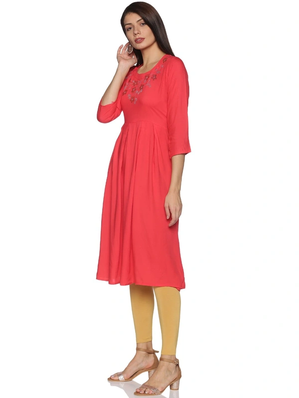 Rayon Neck Flower Design Rhinestone Work Pink Colour Umbrella Cut Kurti - Wild Watermelon, S