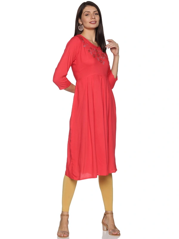 Rayon Neck Flower Design Rhinestone Work Pink Colour Umbrella Cut Kurti - Wild Watermelon, S