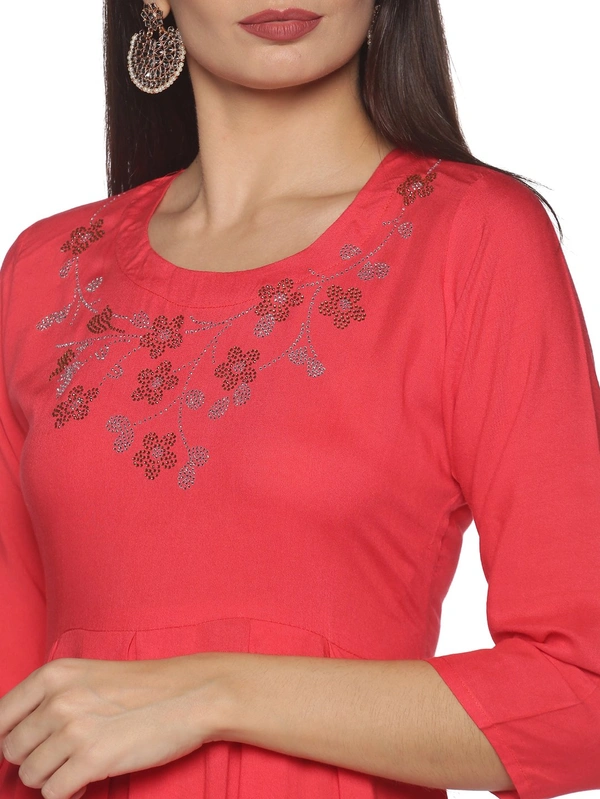 Rayon Neck Flower Design Rhinestone Work Pink Colour Umbrella Cut Kurti - Wild Watermelon, M