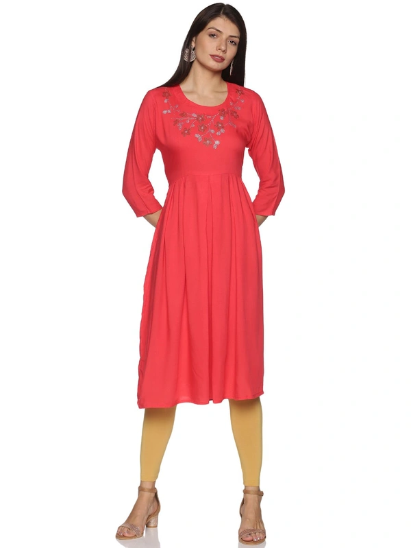 Rayon Neck Flower Design Rhinestone Work Pink Colour Umbrella Cut Kurti - Wild Watermelon, L