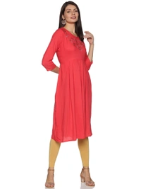 Rayon Neck Flower Design Rhinestone Work Pink Colour Umbrella Cut Kurti - Wild Watermelon, L