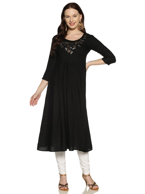 Rayon Neck Flower Design Rhinestone Work Black Colour Umbrella Cut Kurti - Black, XXL