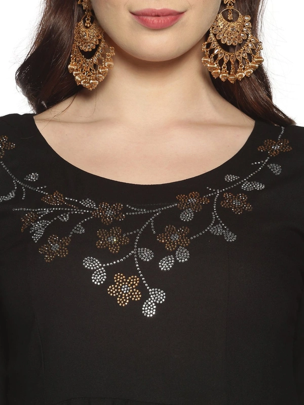 Rayon Neck Flower Design Rhinestone Work Black Colour Umbrella Cut Kurti - Black, XXL