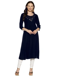 Rayon Neck Flower Design Rhinestone Work Blue Colour Umbrella Cut Kurti - Gulf Blue, XL